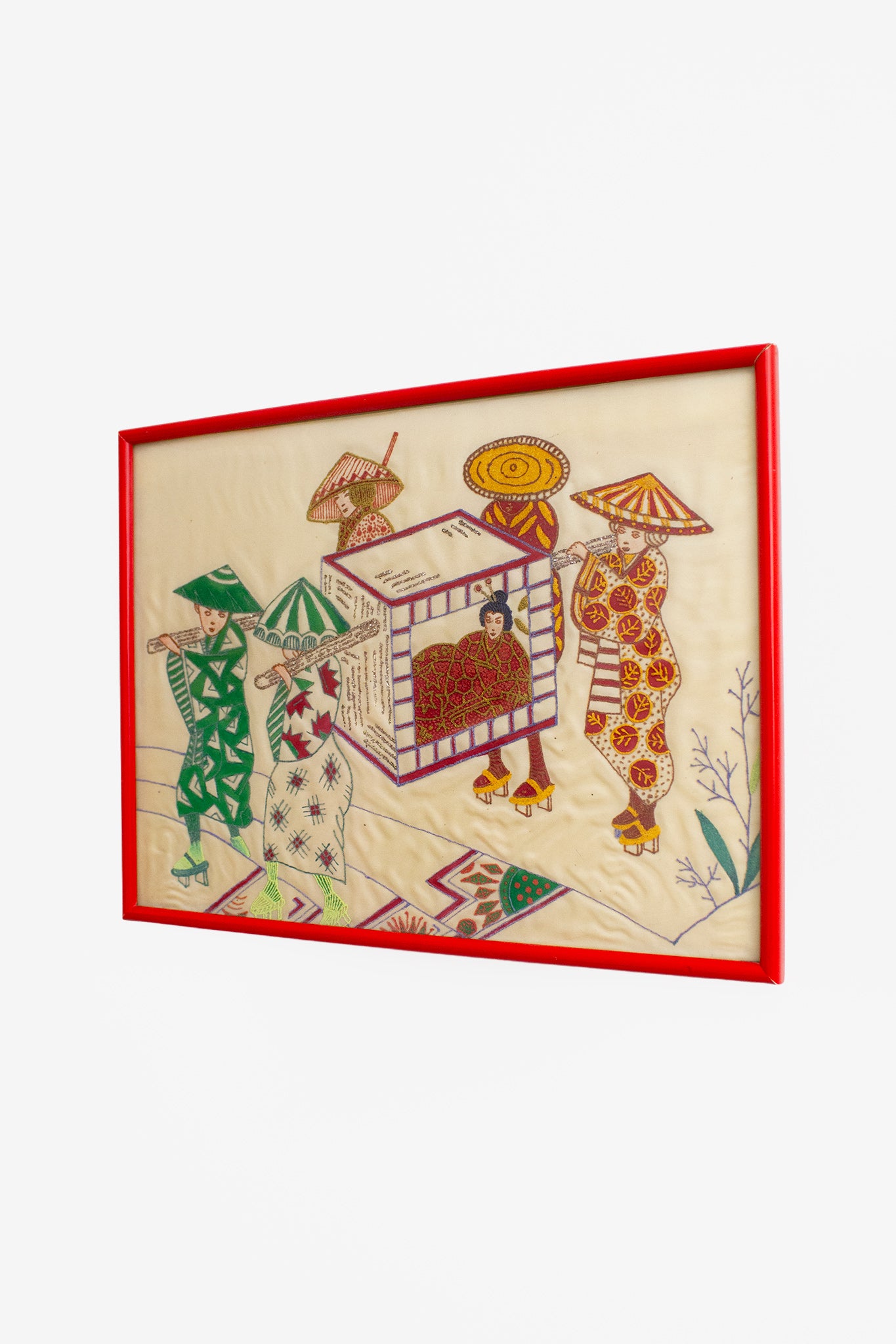 Japans vintage schilderij op stof in rode lijst