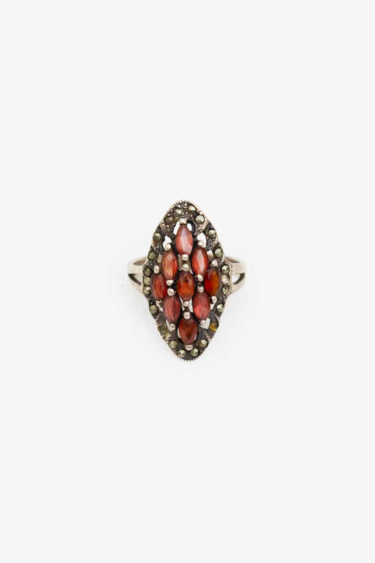 Jaren 20 925 zilveren ring ingelegd met marcasiet en roze granaat