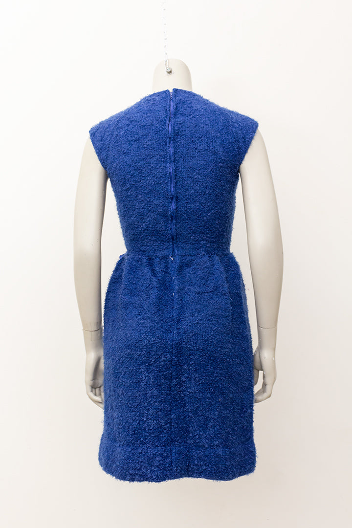 Jaren 50 bouclé jurk van donkerblauw wol met strikje Bonwit Teller