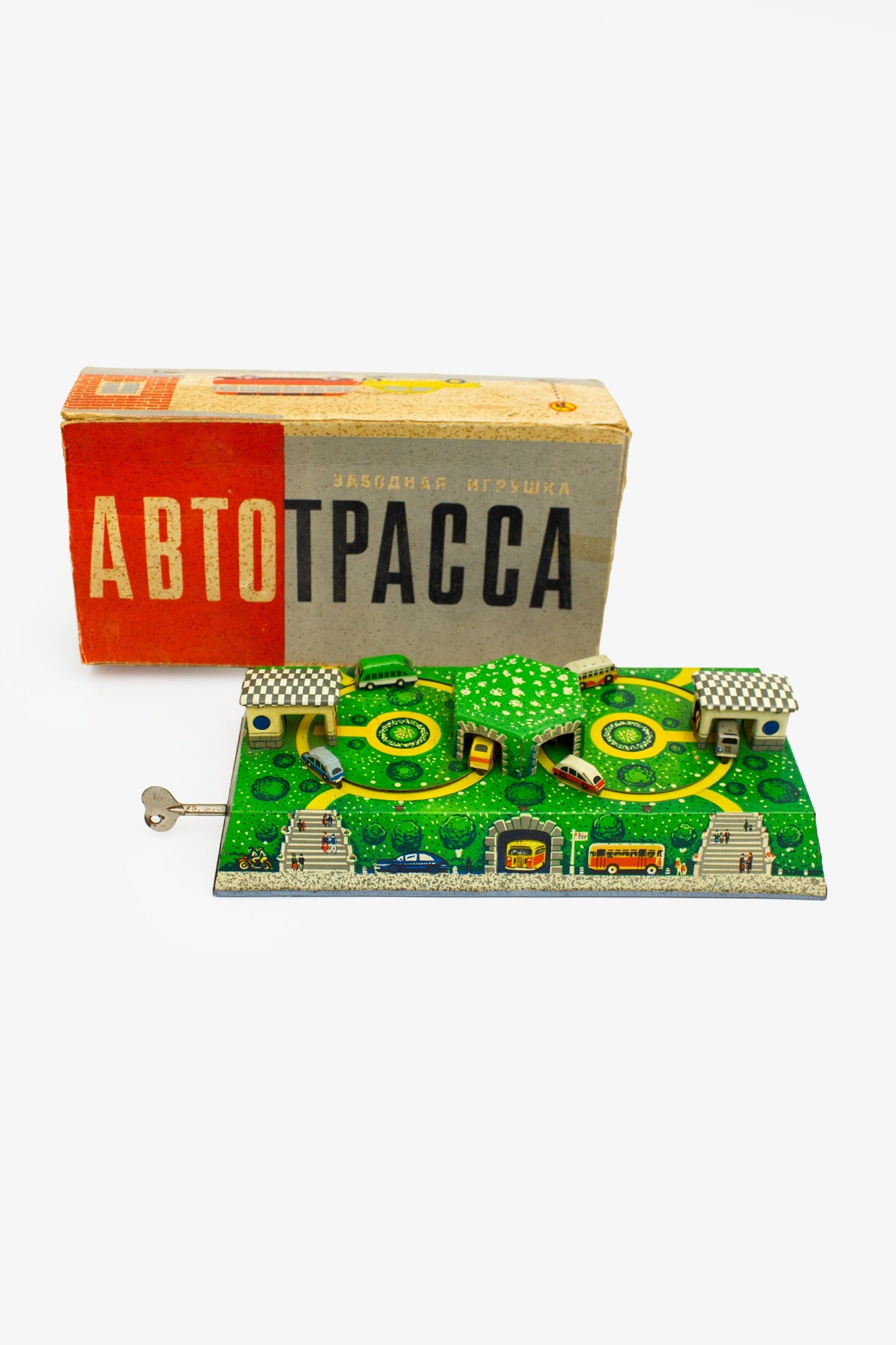 Jaren 60 USSR mechanisch opwindbaar speelgoed ‘Abtotpacca’ autosnelweg 