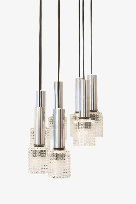 Jaren 60 cascade hanglamp met 7 glazen kelken