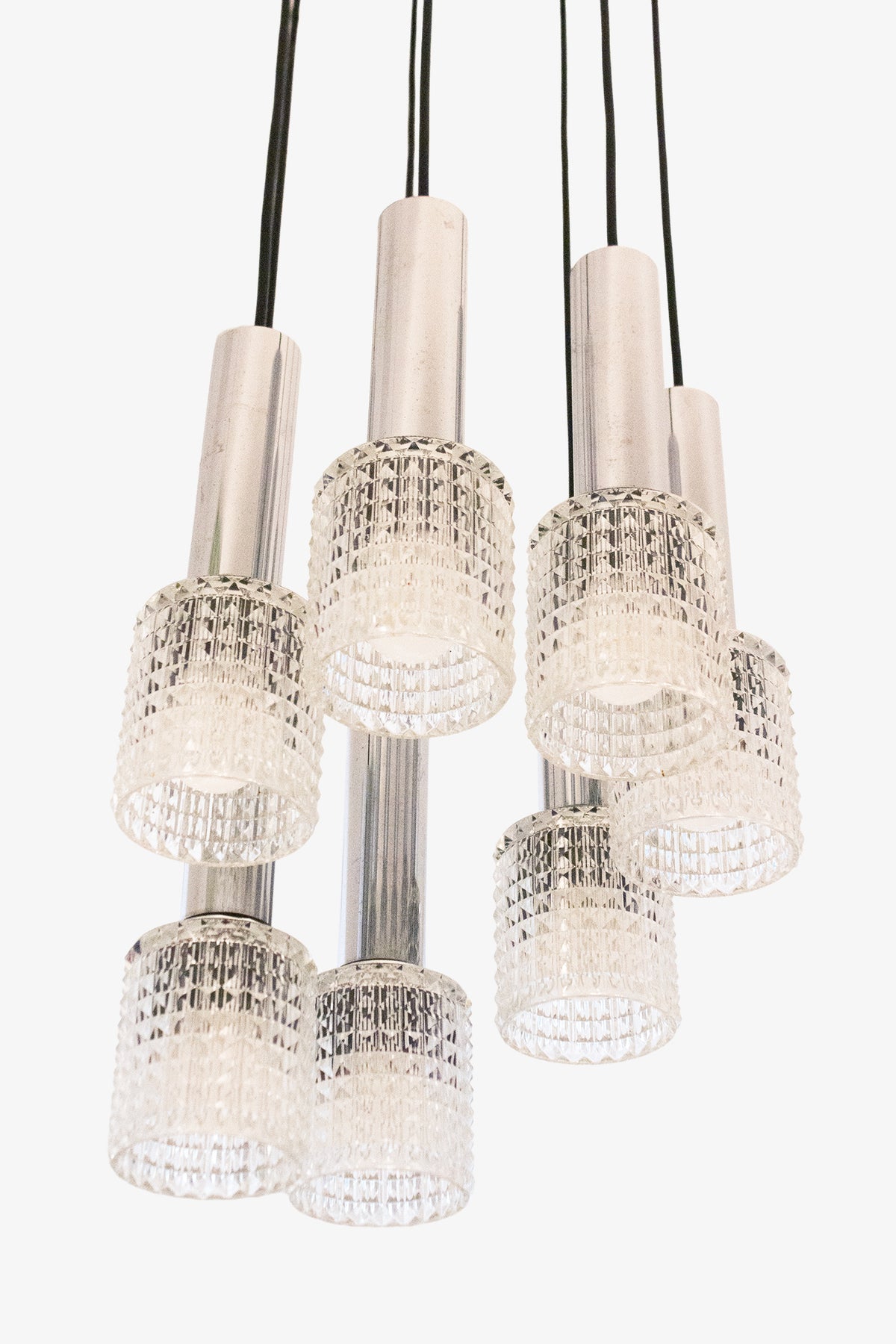 Jaren 60 cascade hanglamp met 7 glazen kelken