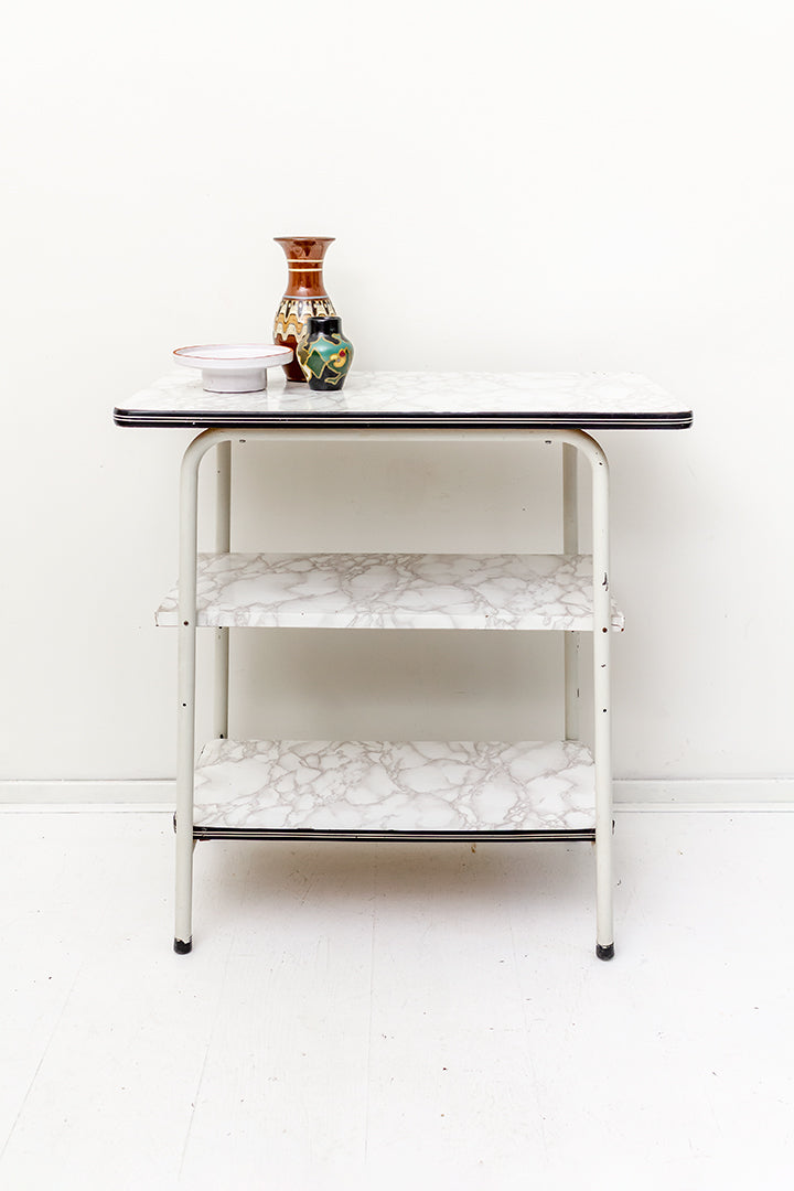 Jaren 60 formica bijzettafel 3-laags met marmerfolie