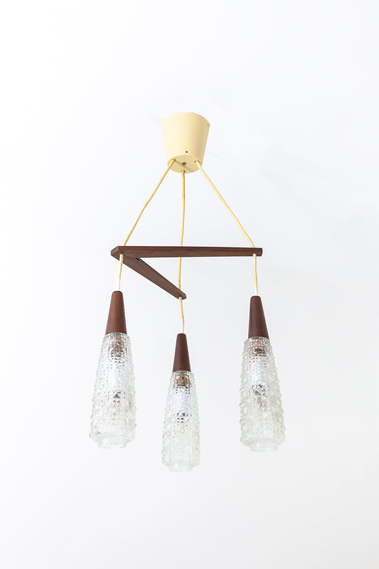 Jaren 60 hanglamp met houten boemerang en 3 lichtbronnen Louis Kalff Philips stijl