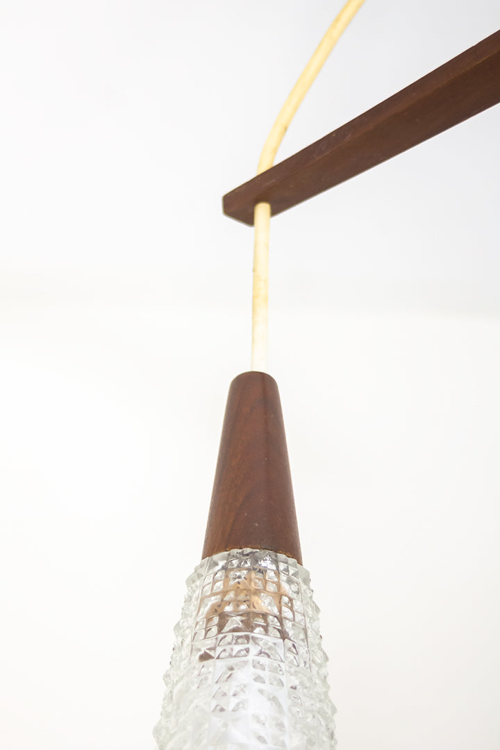 Jaren 60 hanglamp met houten boemerang en 3 lichtbronnen Louis Kalff Philips stijl