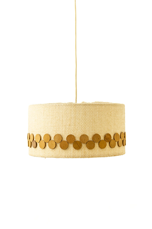 Jaren 60 hanglamp met katoenen kap en houten cirkels