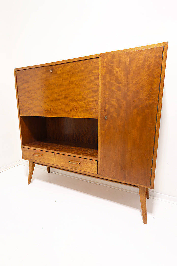 Jaren 60 kast of secretaire van teak-fineer met taps toelopende pootjes