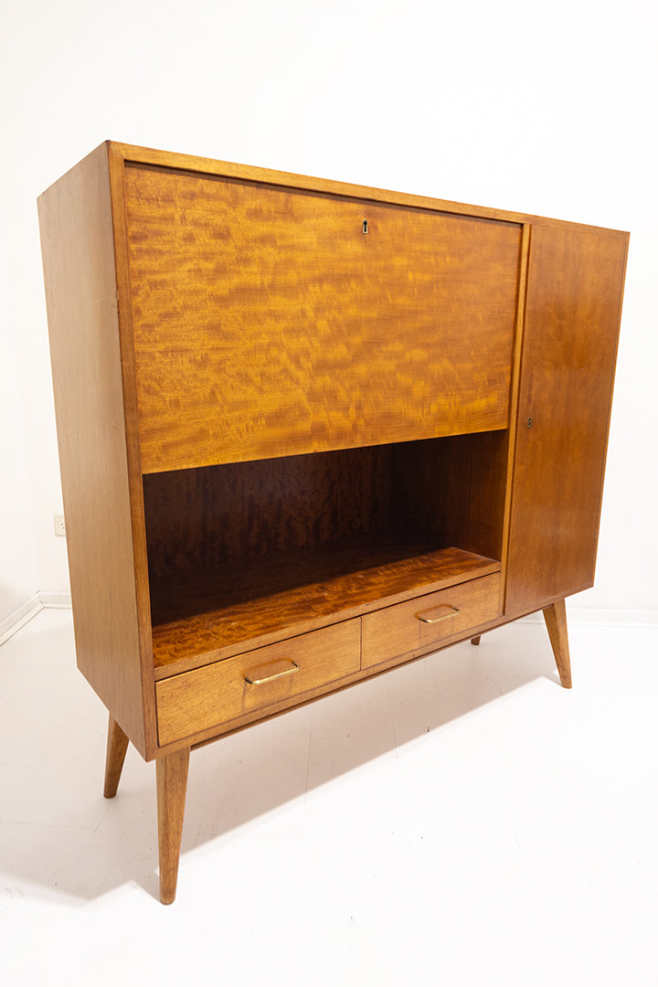Jaren 60 kast of secretaire van teak-fineer met taps toelopende pootjes