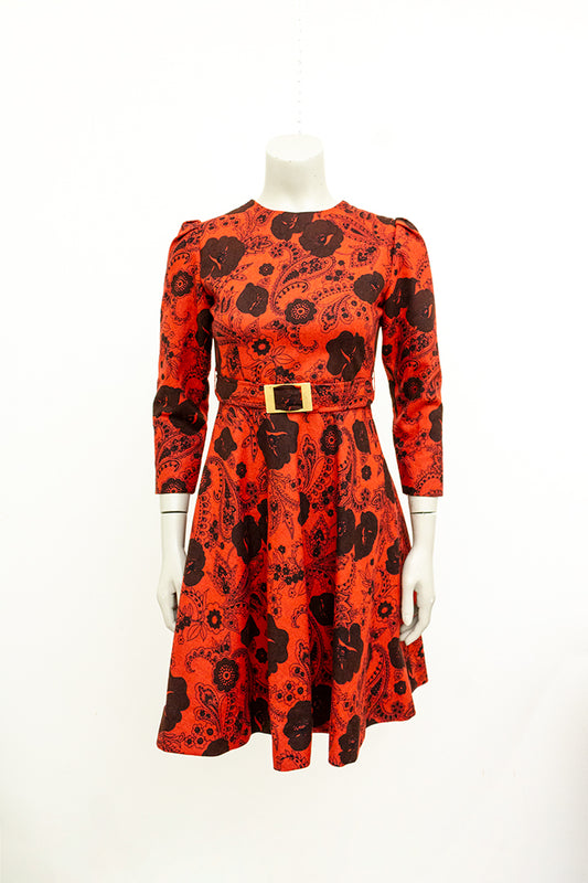 Jaren 60 rode wollen jurk met klaprozen en paisley print