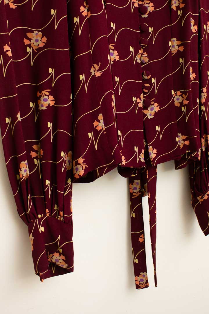 Jaren 70 bordeaux gebloemd chiffon set Bus Stop London by Lee Bender