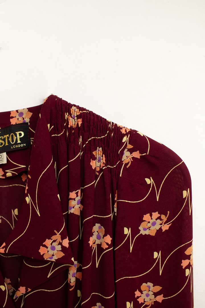 Jaren 70 bordeaux gebloemd chiffon set Bus Stop London by Lee Bender