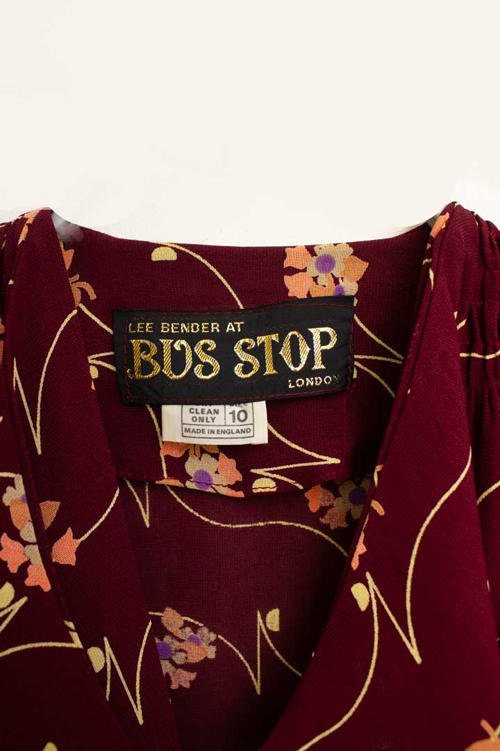 Jaren 70 bordeaux gebloemd chiffon set Bus Stop London by Lee Bender
