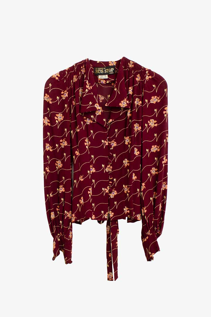 Jaren 70 bordeaux gebloemd chiffon set Bus Stop London by Lee Bender