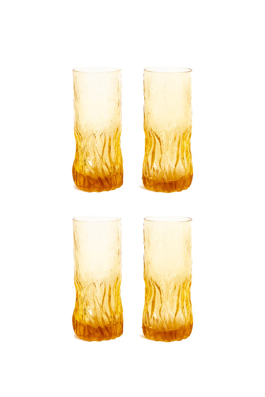 Jaren 70 longdrink glazen amberkleurig met schors reliëf - set van 4