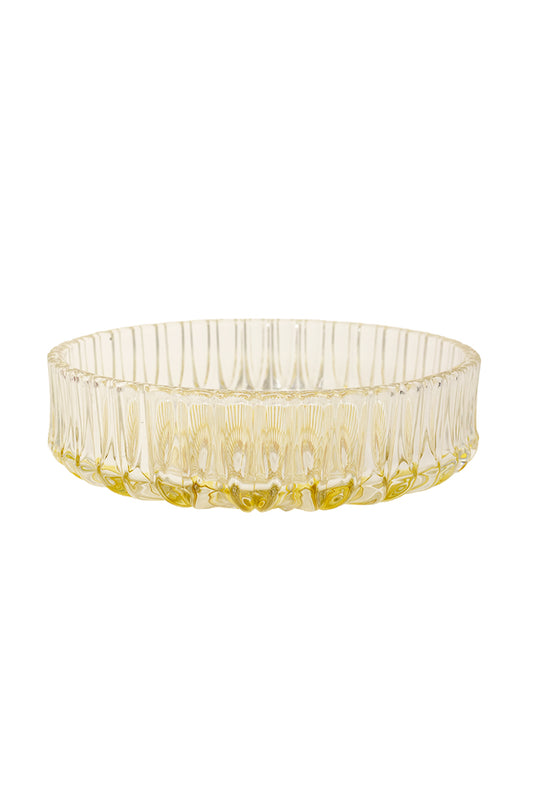 Jaren 70 ronde schaal van geel getint glas Walther Glas