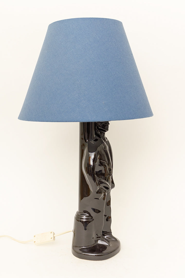 Jaren 80 lamp met zwarte keramieken voet in de vorm van een mannetje