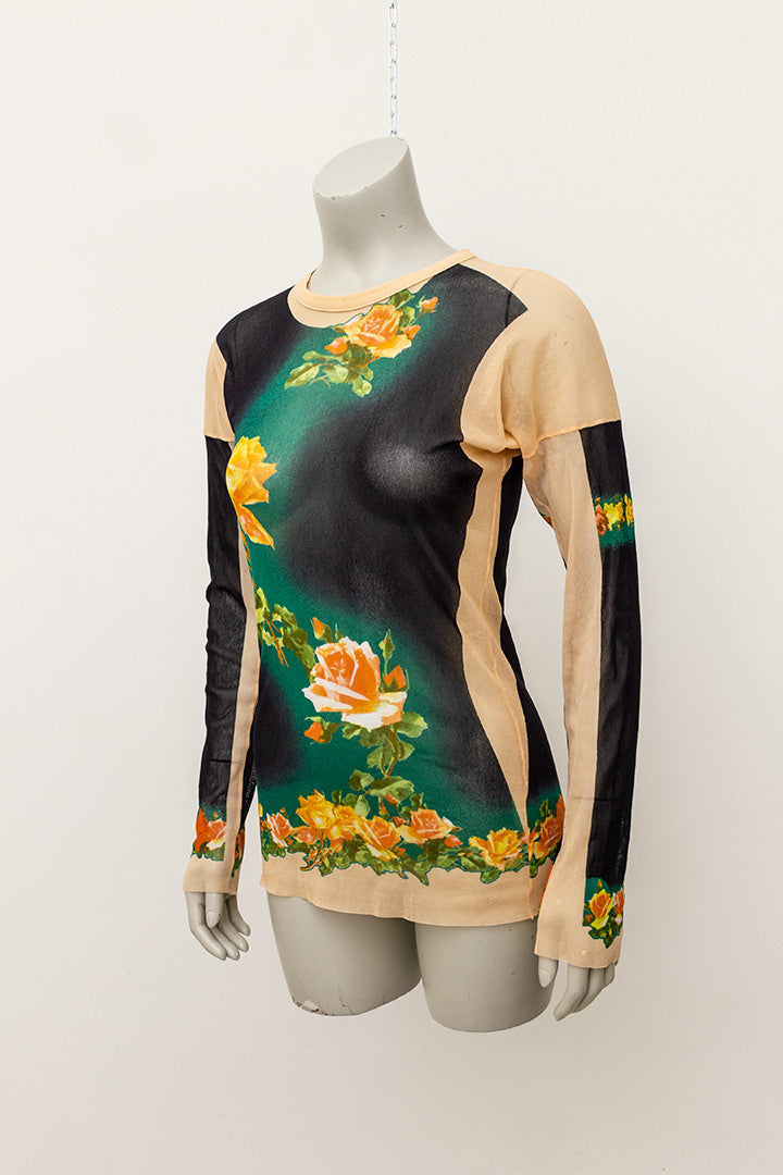 Jean Paul Gaultier vintage sheer longsleeve met rozenprint