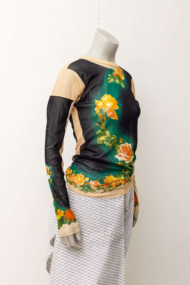 Jean Paul Gaultier vintage sheer longsleeve met rozenprint