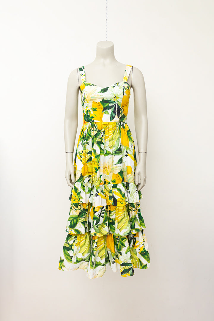 Katoenen zomerjurk geel/groen met tropische bloemen- en fruitprint