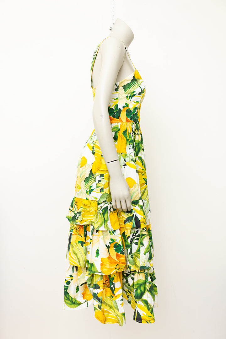 Katoenen zomerjurk geel/groen met tropische bloemen- en fruitprint
