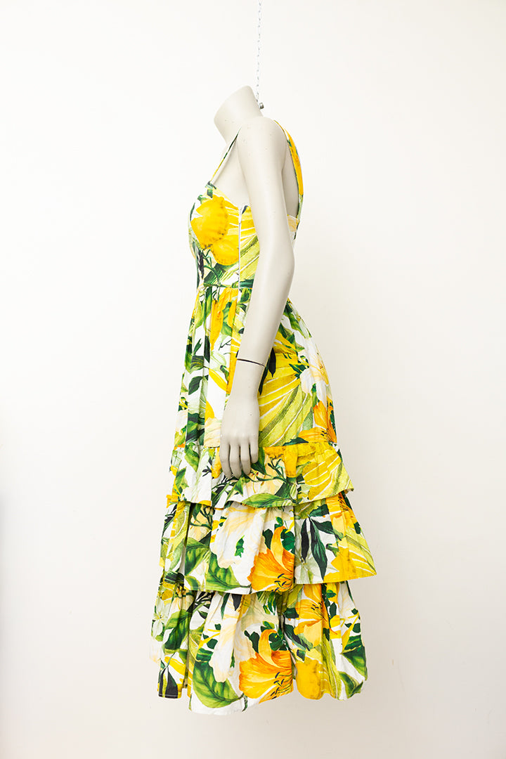 Katoenen zomerjurk geel/groen met tropische bloemen- en fruitprint