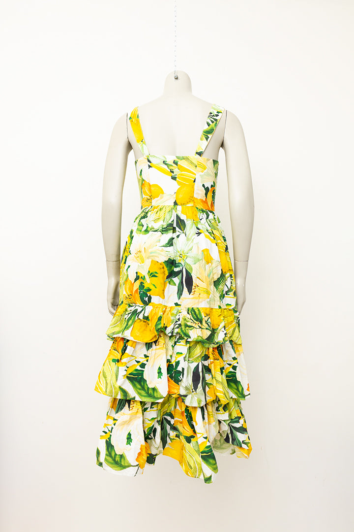 Katoenen zomerjurk geel/groen met tropische bloemen- en fruitprint
