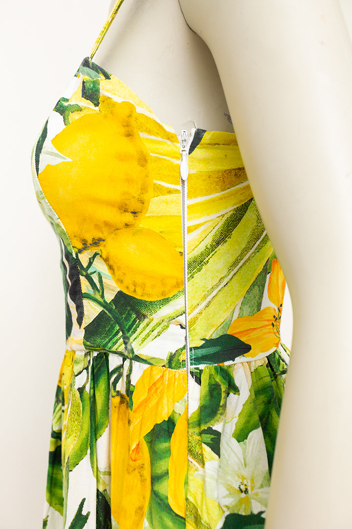 Katoenen zomerjurk geel/groen met tropische bloemen- en fruitprint