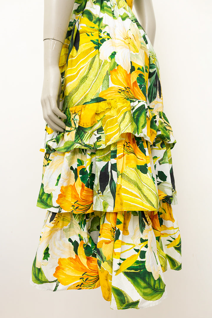 Katoenen zomerjurk geel/groen met tropische bloemen- en fruitprint