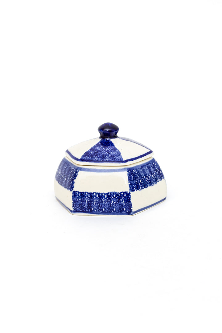 Keramieken hexagon potje blauw en wit met deksel Bunzlauer Heisse