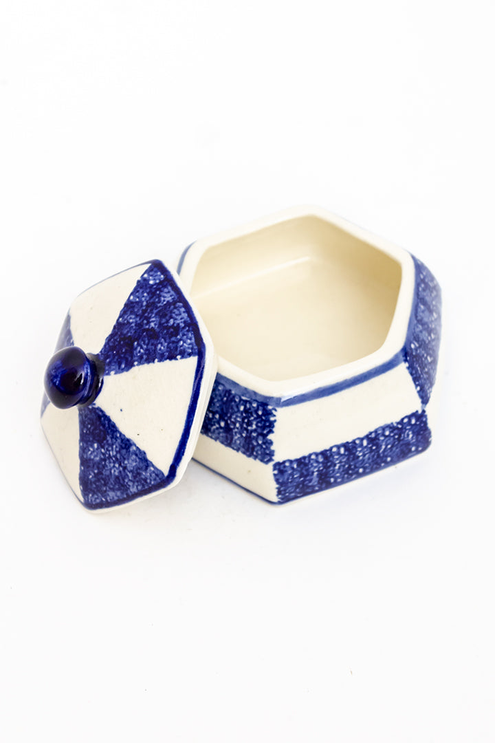 Keramieken hexagon potje blauw en wit met deksel Bunzlauer Heisse