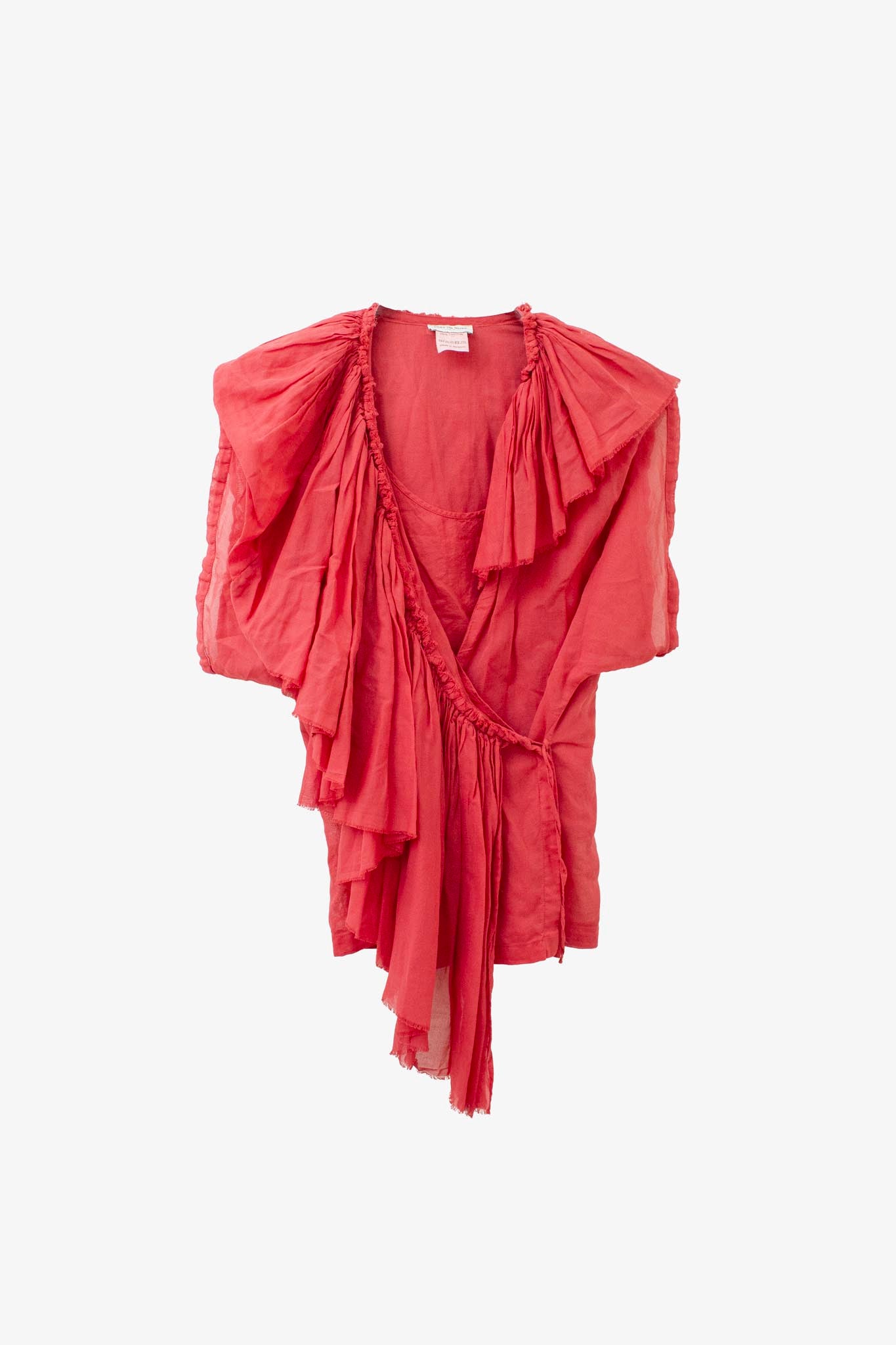 Koraalrode katoenen Dries van Noten SS04 overslagtop met rushing