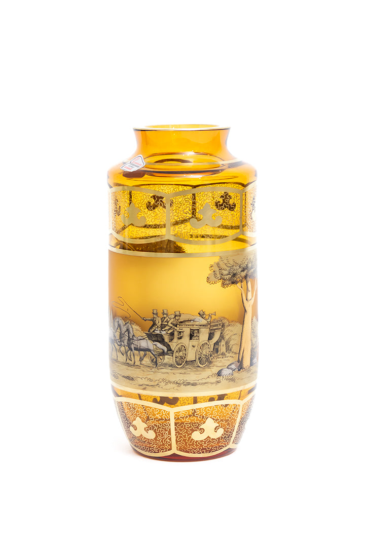 Kristalglas vaas vintage met goudkleurig getekend landschap