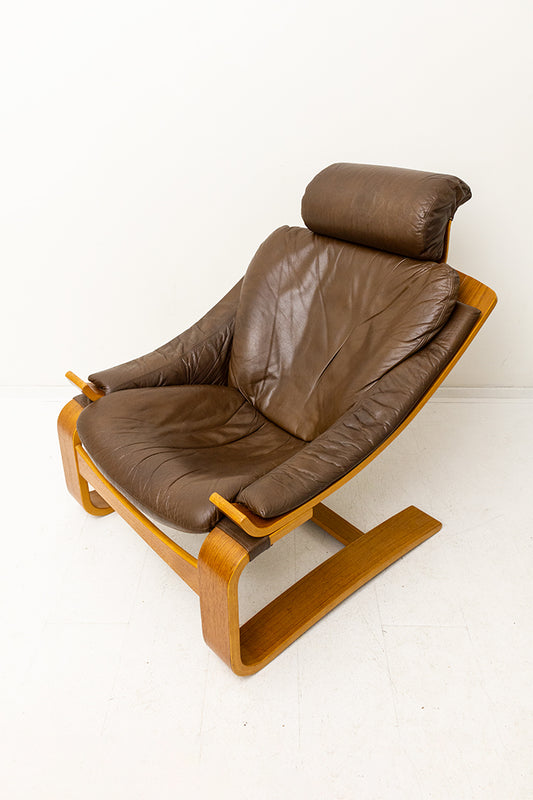 Kroken Ake Fribytter vintage fauteuil met bruine leren bekleding jaren 70
