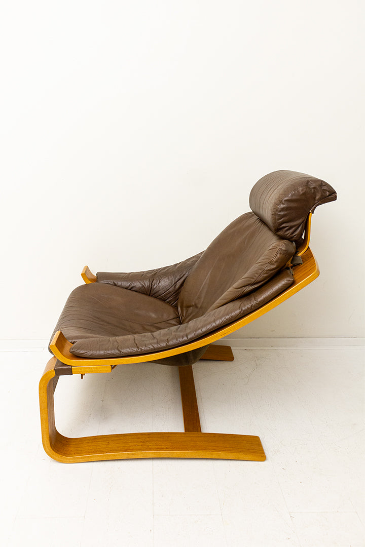 Kroken Ake Fribytter vintage fauteuil met bruine leren bekleding jaren 70