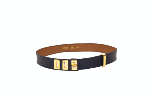 Leren riem donkerblauw met goudkleurig hardware Vincent Joël jaren 90