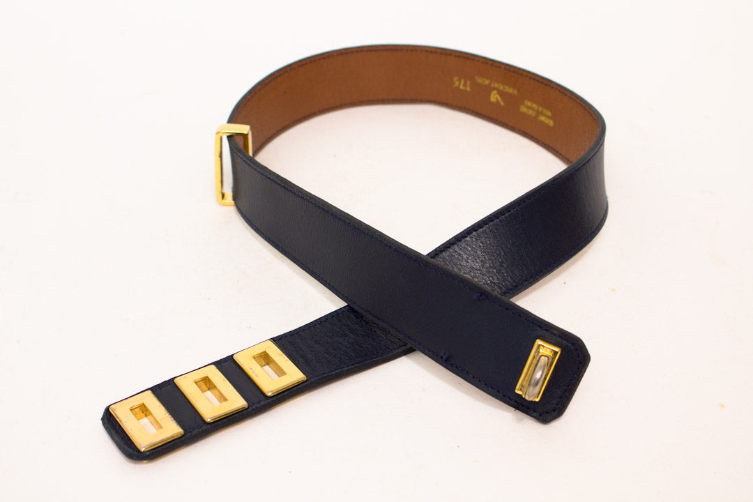 Leren riem donkerblauw met goudkleurig hardware Vincent Joël jaren 90