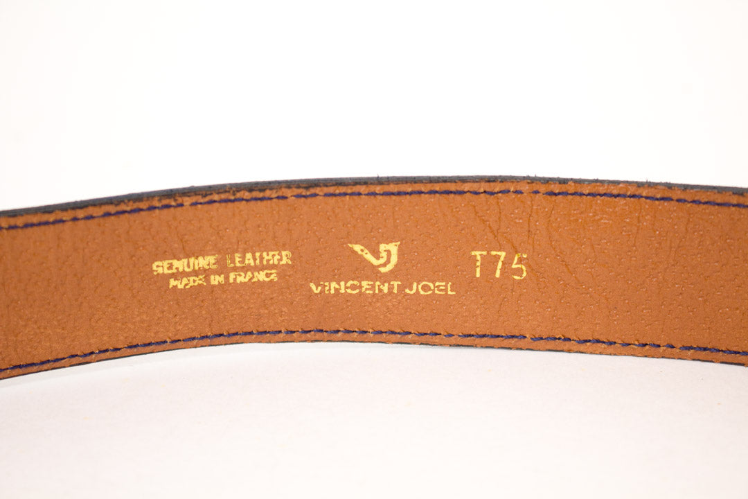 Leren riem donkerblauw met goudkleurig hardware Vincent Joël jaren 90
