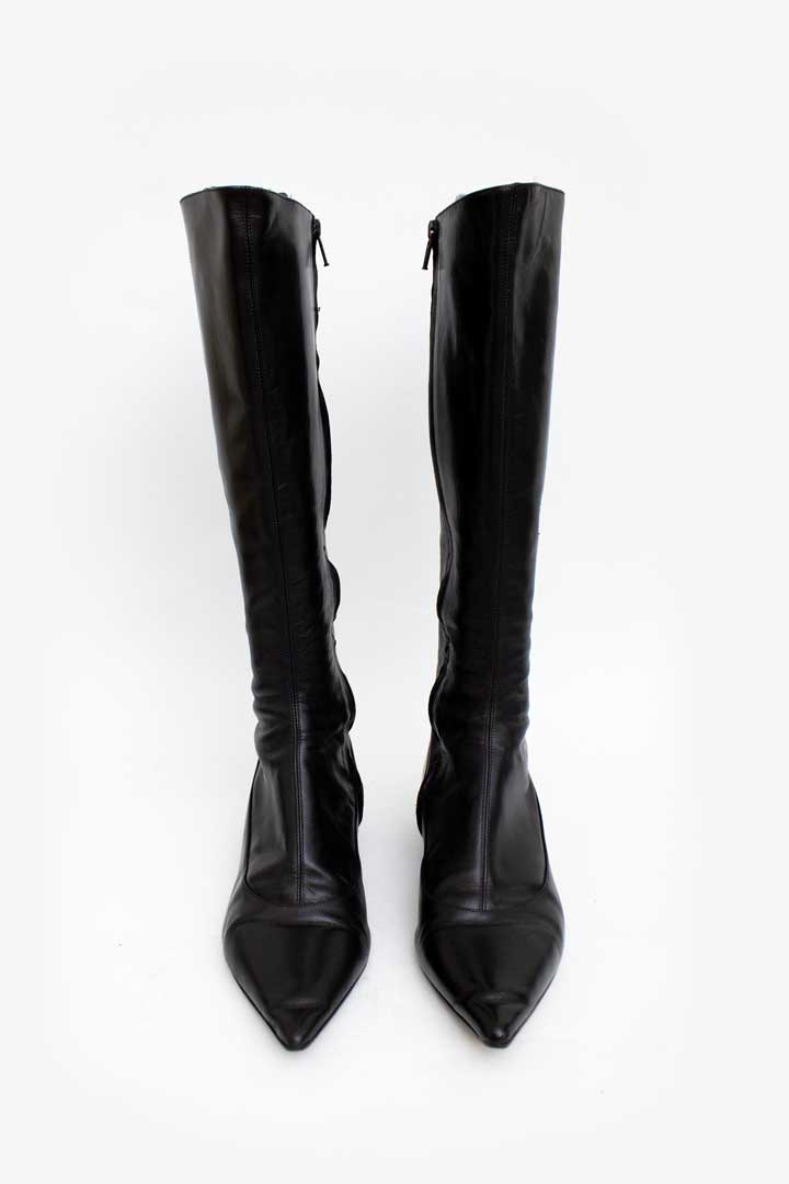 Zwarte leren Marni kitten heel laarzen