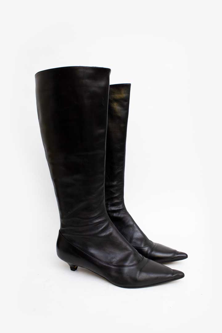 Zwarte leren Marni kitten heel laarzen