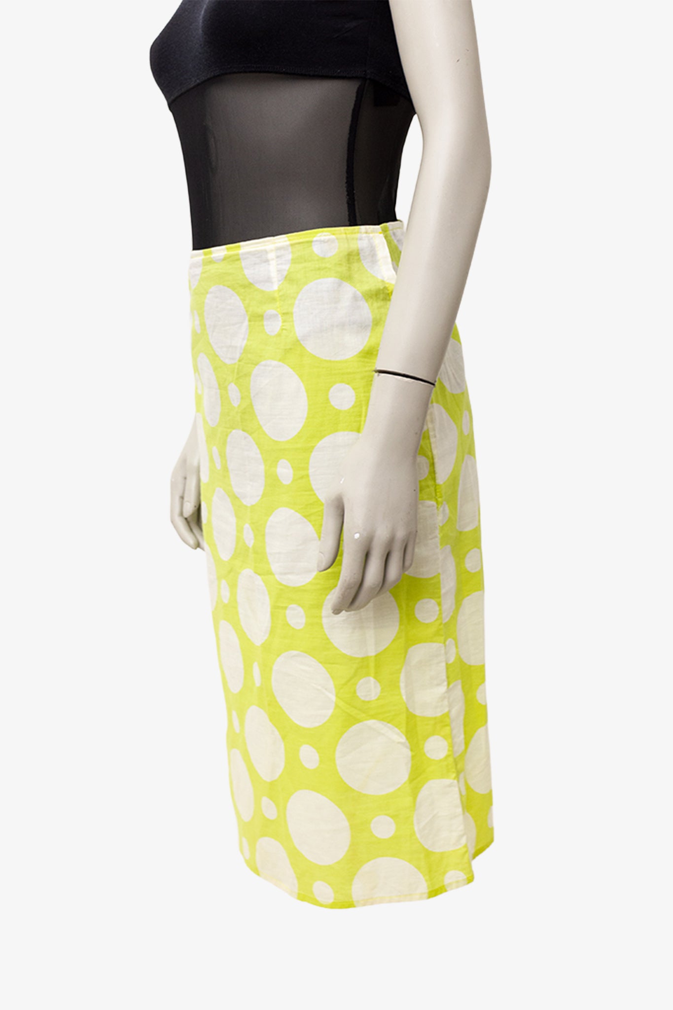 Limoengroene Marni vintage kokerrok met witte polkadots