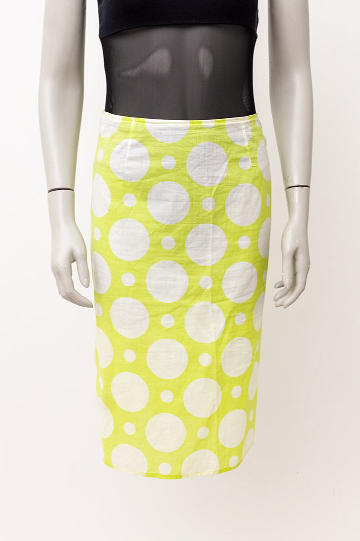 Limoengroene vintage kokerrok met witte polkadots