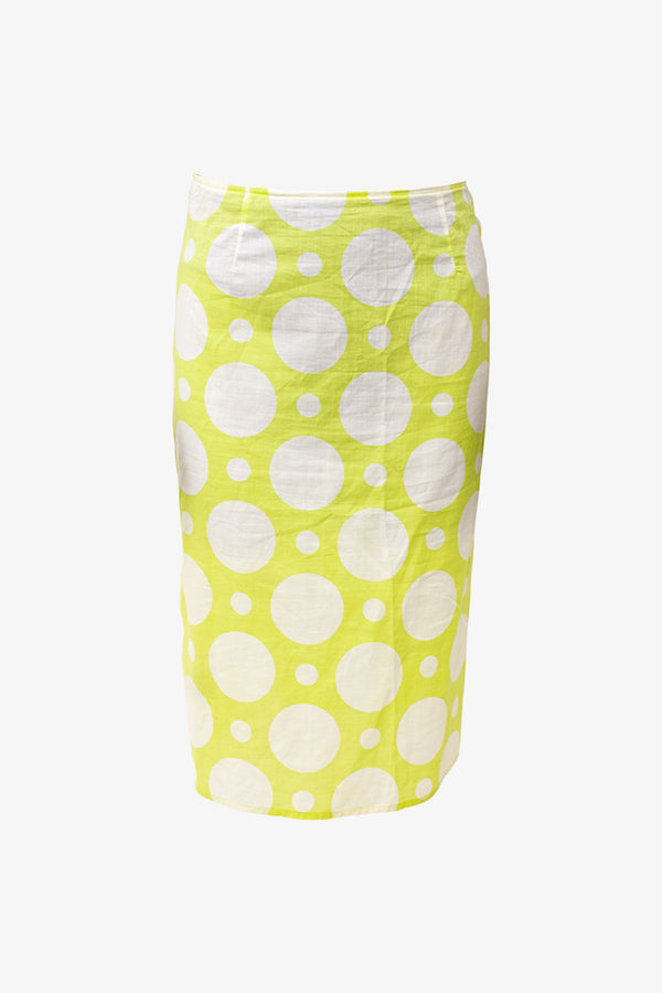 Limoengroene Marni vintage kokerrok met witte polkadots