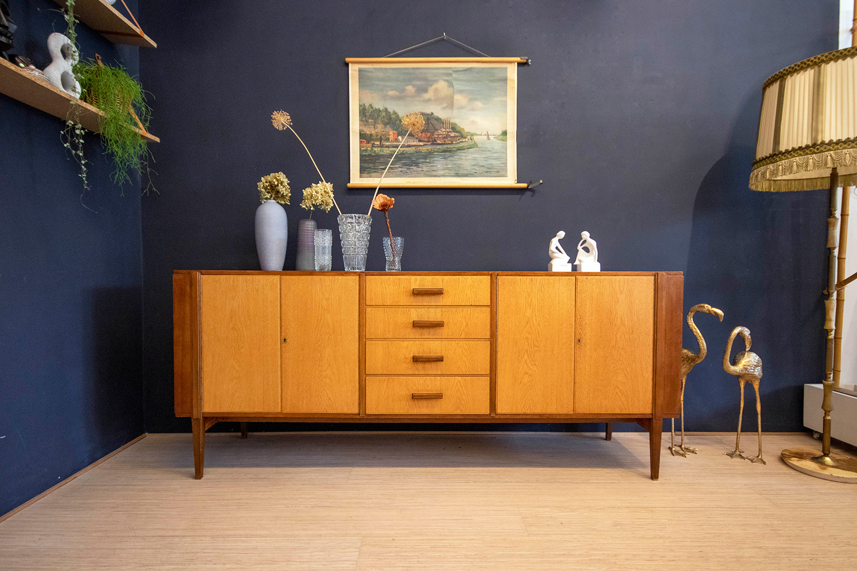 Mahonie Eikenfineer vintage dressoir met 4 lades en deurtjes