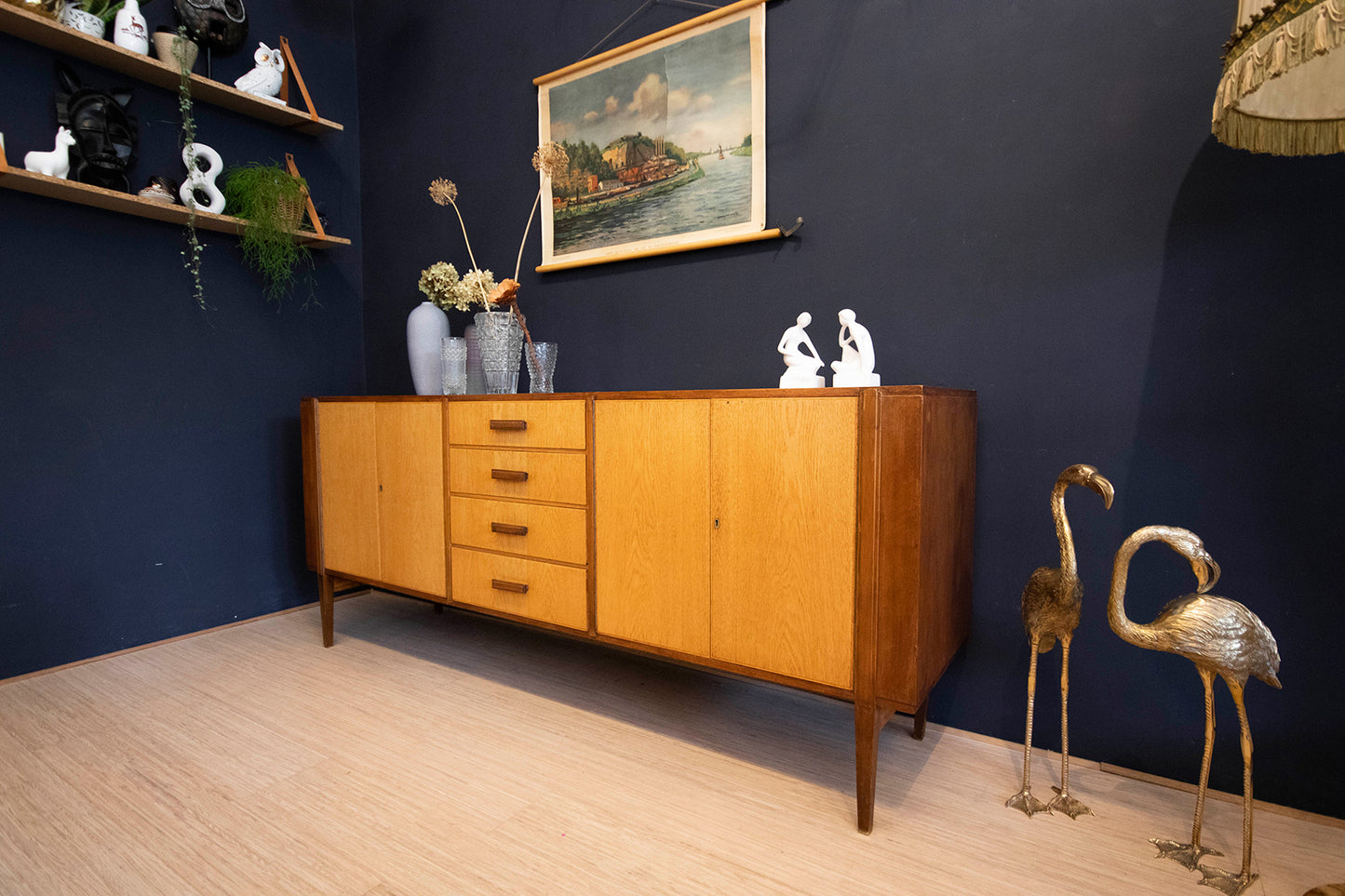 Mahonie Eikenfineer vintage dressoir met 4 lades en deurtjes