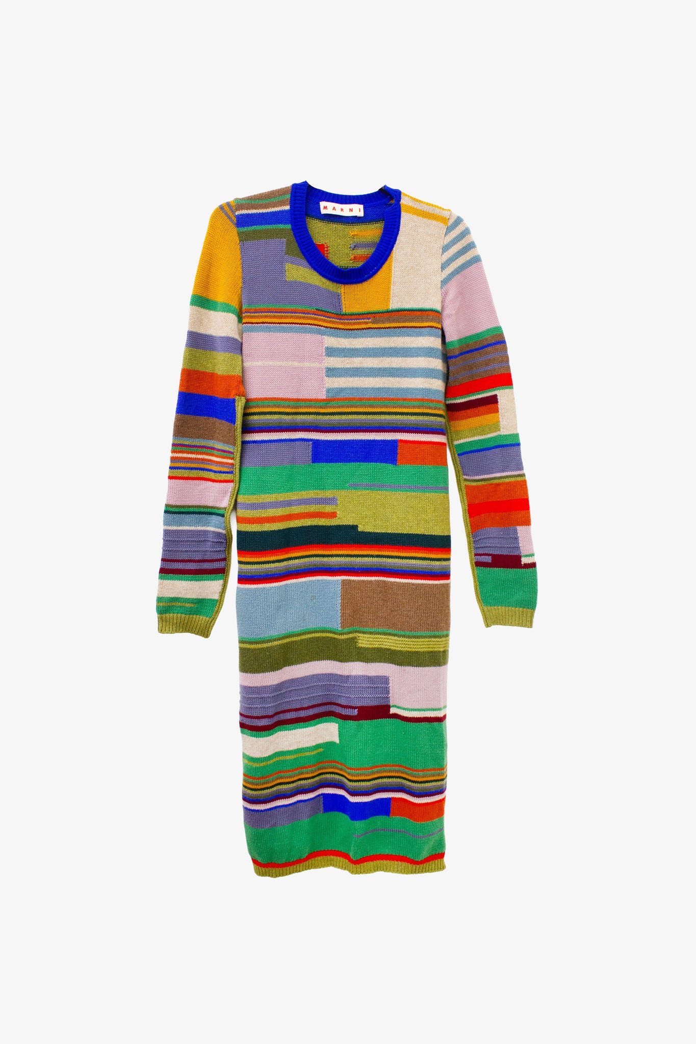 Marni gebreide wollen sweater jurk met gekleurde strepen en verschillende lengtes