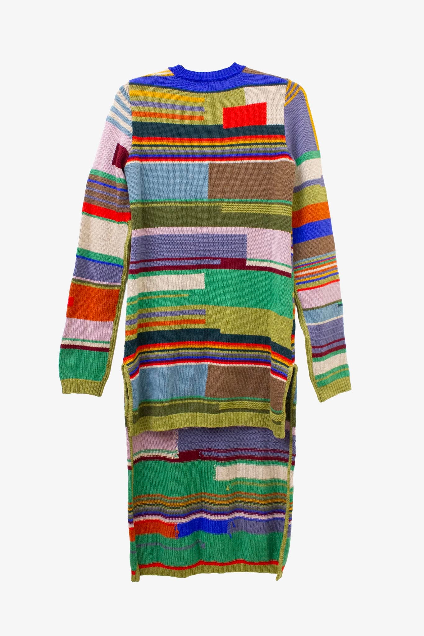 Marni gebreide wollen sweater jurk met gekleurde strepen en verschillende lengtes