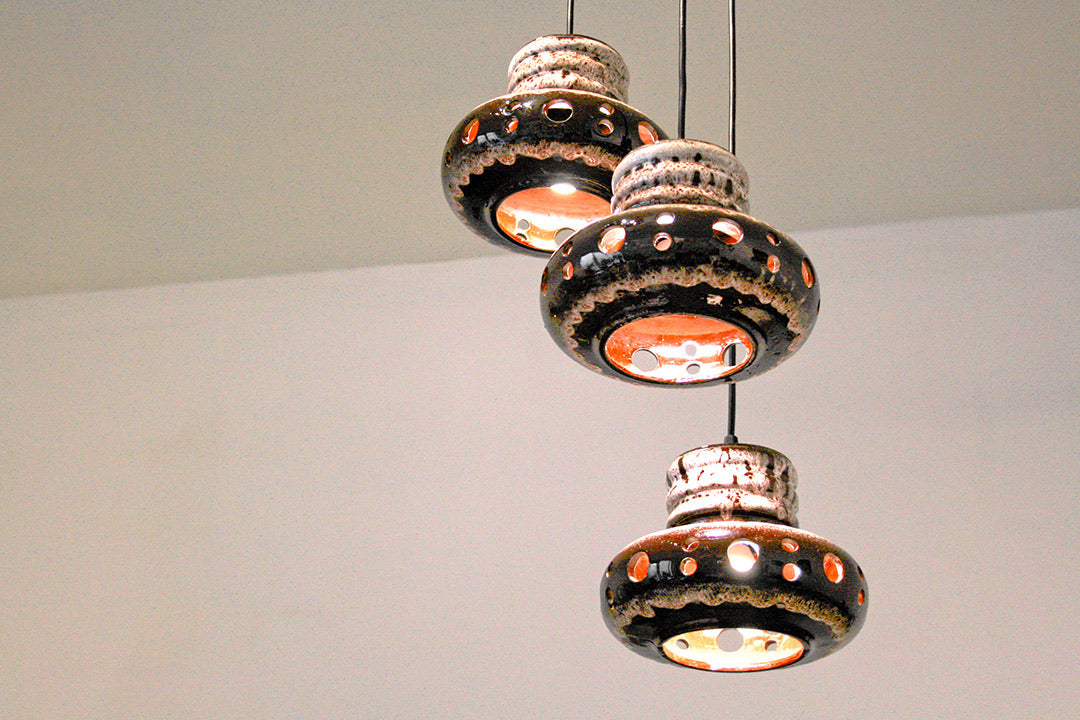 Massive 3 hanglampen vintage keramiek