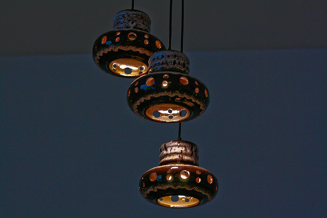 Massive 3 hanglampen vintage keramiek
