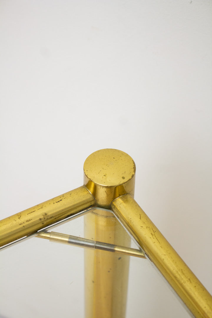 Messing vintage bijzettafel met glasplaat en houten plaat