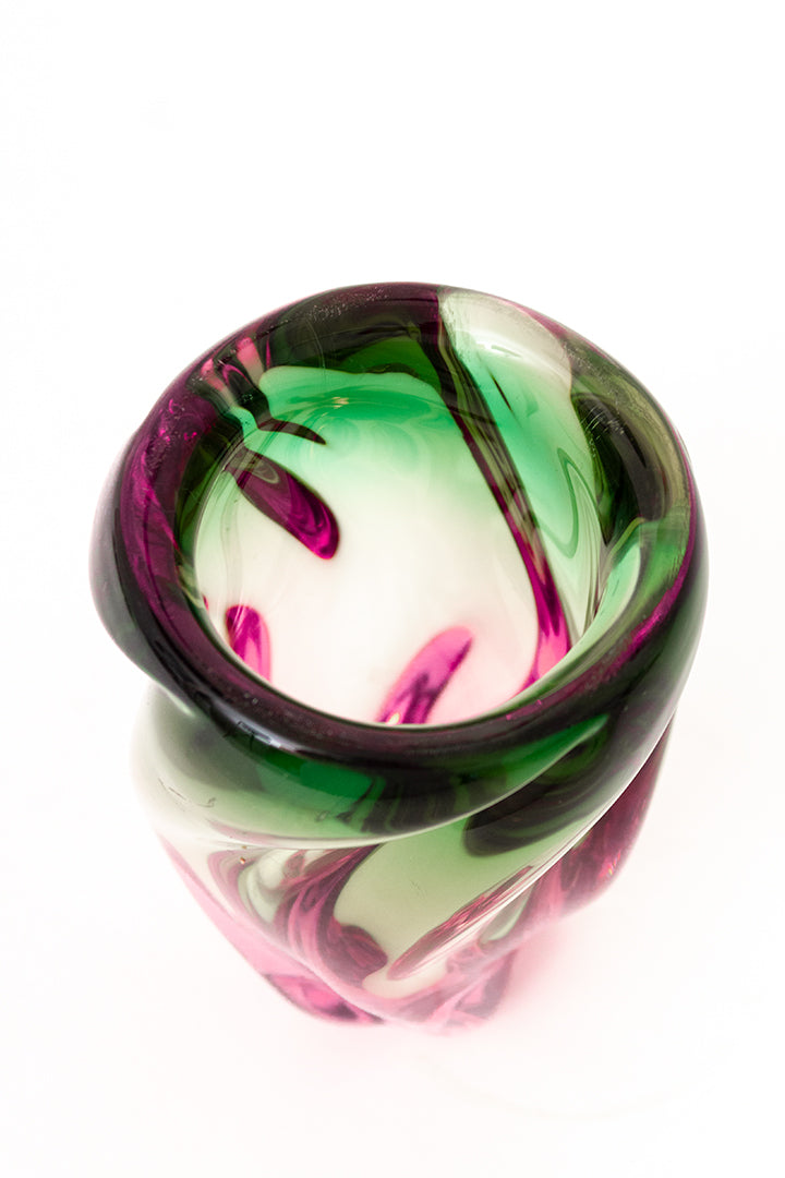 Murano glazen vaas met groen/roze swirl vintage